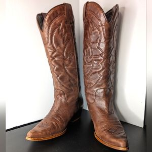 Zara 37 vintage‎ brown leather pointed toe calf high embroidered western boots
